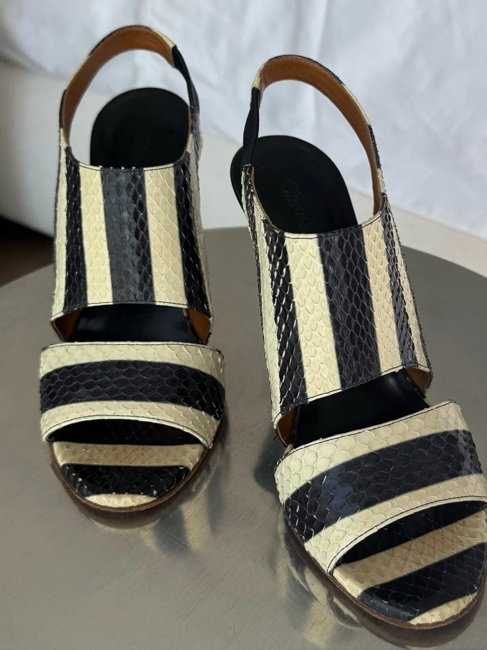 Chloe Black and Cream Striped Slingback Heels - Picture 1 of 5